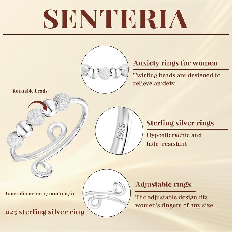 Senteria Anxiety Rings for Women Sterling Silver Rings Adjustable Stress Spinner Rings with Beads Fidget Rings for Anxiety Women - Image 2
